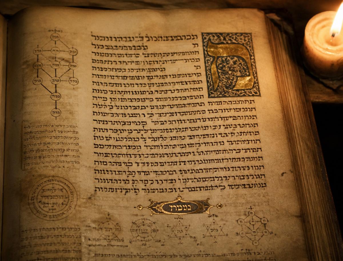Manuscrito cabalístico antiguo con caligrafía hebrea y diagrama del Árbol de la Vida